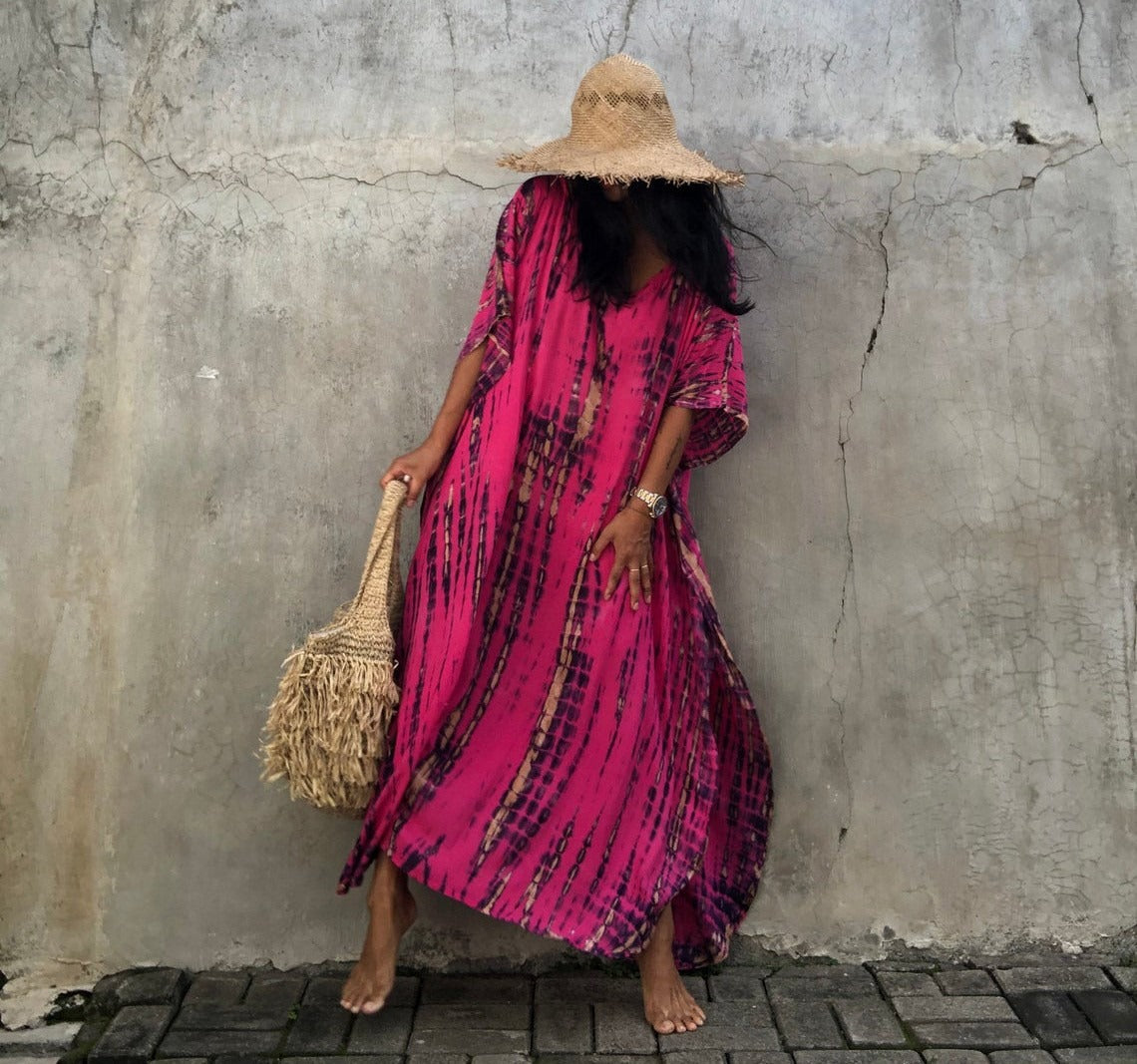 Vibrant Halo-Dyed Floral Beach Cover-Up Dress