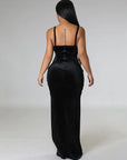 Sexy mesh perspective split velvet suspender strapless long dress, light luxury luxury, luxury, and high-end small dress