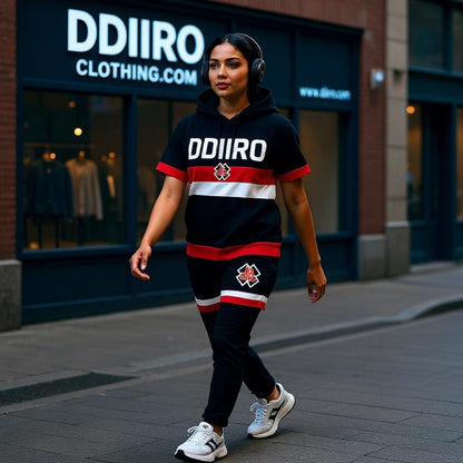 DDIIRO Signature 2-Piece Hoodie Short Set – Black, Red & White