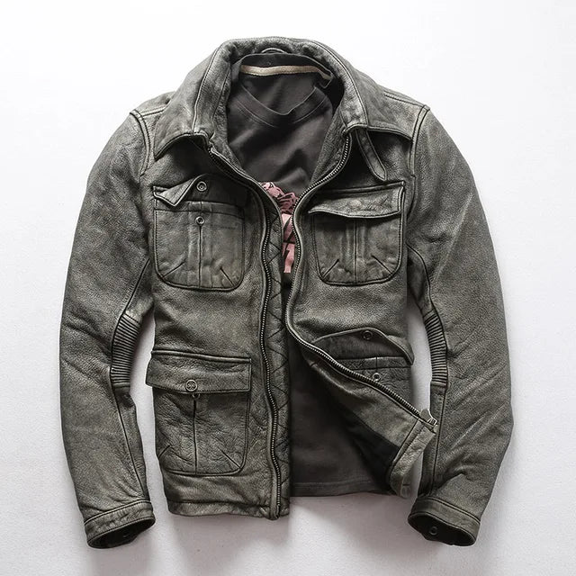 Men's Cowhide Motorcycle Jacket with Multi-Pockets