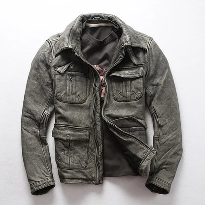 Men's Cowhide Motorcycle Jacket with Multi-Pockets