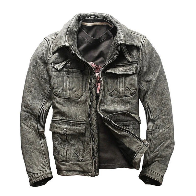 Men's Cowhide Motorcycle Jacket with Multi-Pockets