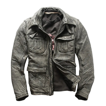Men's Cowhide Motorcycle Jacket with Multi-Pockets