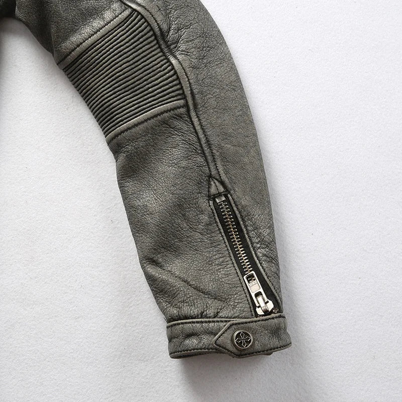 Men's Cowhide Motorcycle Jacket with Multi-Pockets