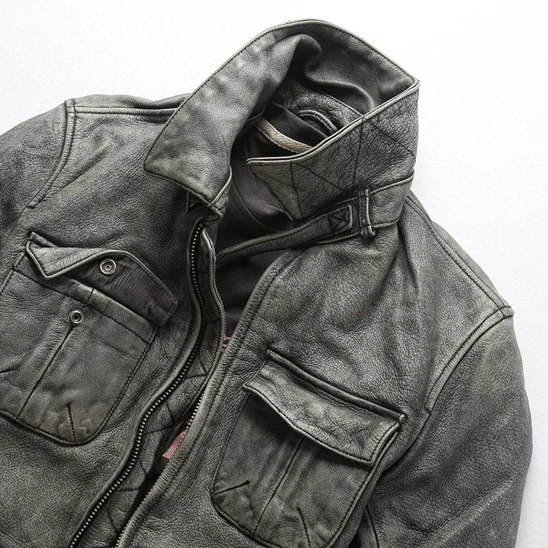 Men's Cowhide Motorcycle Jacket with Multi-Pockets