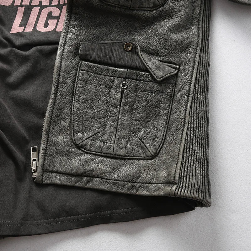 Men's Cowhide Motorcycle Jacket with Multi-Pockets