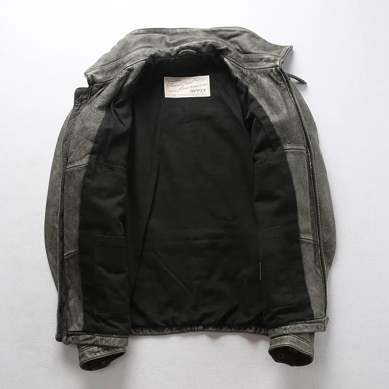 Men's Cowhide Motorcycle Jacket with Multi-Pockets