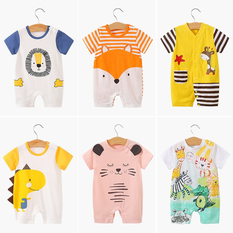 Baby jumpsuit for summer, baby short sleeved clothes, thin newborn cartoon animal crawling clothes, cotton jumpsuit