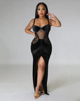 Sexy mesh perspective split velvet suspender strapless long dress, light luxury luxury, luxury, and high-end small dress