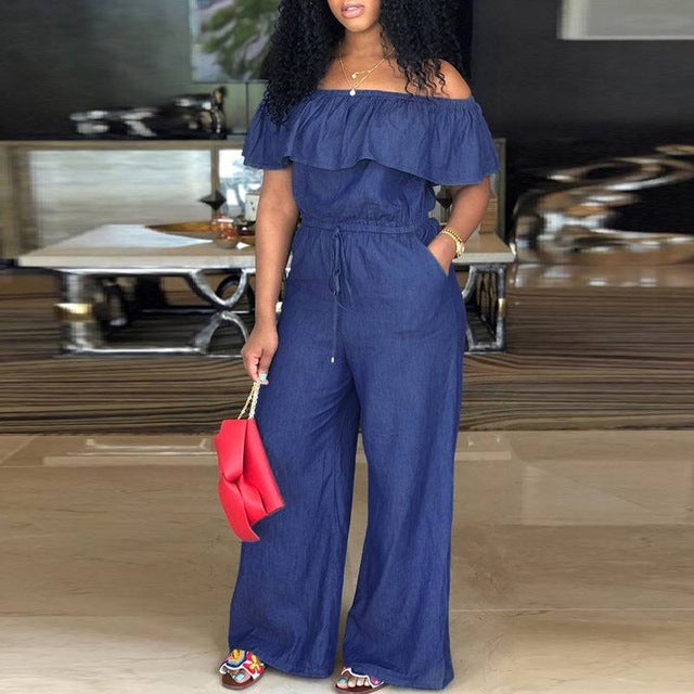 Women&#39;s Plus Size Denim Romper: Off-Shoulder, Ruffled, Wide Leg Summer Jumpsuit