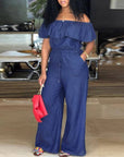 Women's Plus Size Denim Romper: Off-Shoulder, Ruffled, Wide Leg Summer Jumpsuit