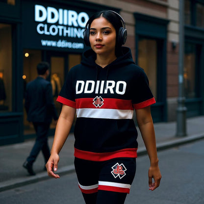 DDIIRO Signature 2-Piece Hoodie Short Set – Black, Red & White