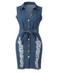 Chic Summer Denim Button-Down Dress with Lace Details