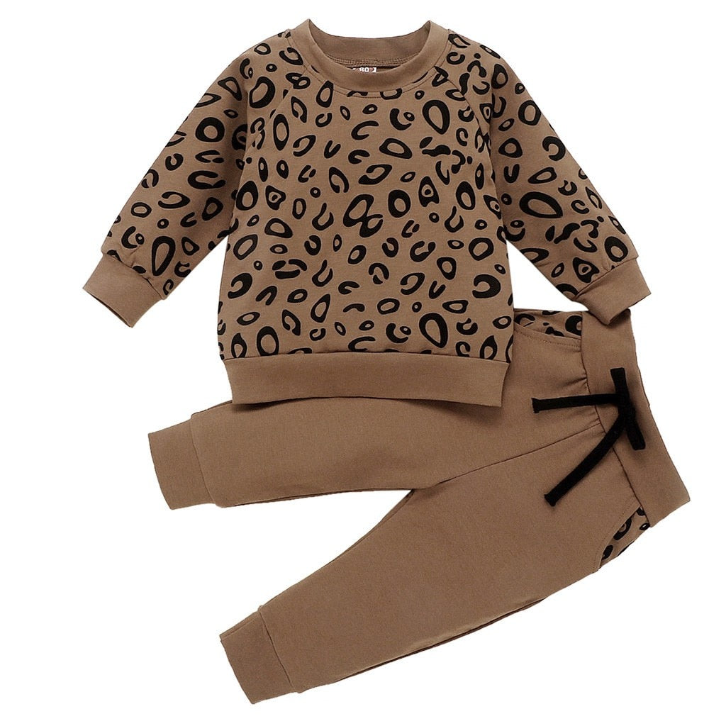 Cute Cartoon &amp; Leopard Print Kids Clothes Set