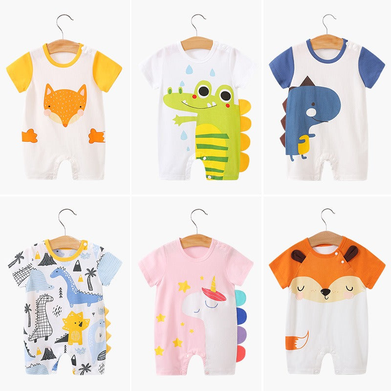 Baby jumpsuit for summer, baby short sleeved clothes, thin newborn cartoon animal crawling clothes, cotton jumpsuit