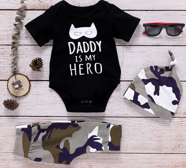 Wisefin Infant Boys&#39; 3-Piece Camo &amp; Cartoon Print Summer Outfit with Hat&quot;