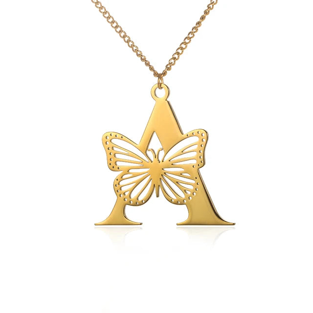 Dainty Big Butterfly Letters Necklaces For Women Girl Jewelry Stainless Steel Chain Initial Pendant Necklace Best Accessories