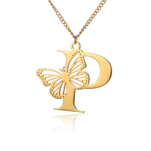 Dainty Big Butterfly Letters Necklaces For Women Girl Jewelry Stainless Steel Chain Initial Pendant Necklace Best Accessories
