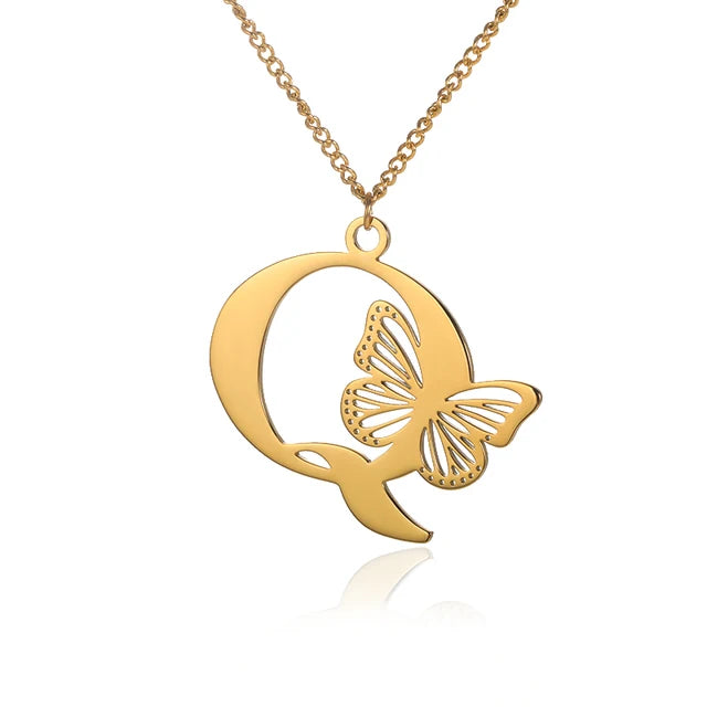 Dainty Big Butterfly Letters Necklaces For Women Girl Jewelry Stainless Steel Chain Initial Pendant Necklace Best Accessories