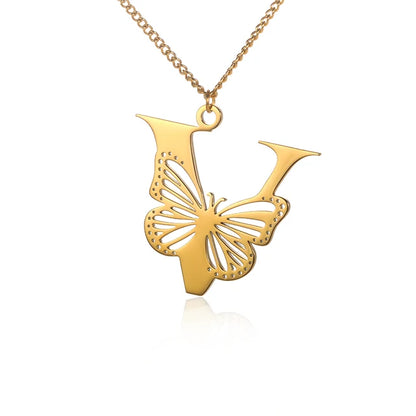 Dainty Big Butterfly Letters Necklaces For Women Girl Jewelry Stainless Steel Chain Initial Pendant Necklace Best Accessories