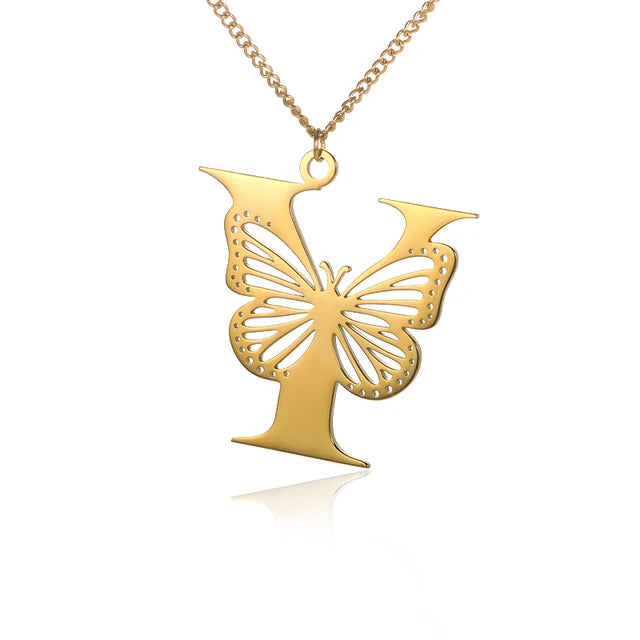 Dainty Big Butterfly Letters Necklaces For Women Girl Jewelry Stainless Steel Chain Initial Pendant Necklace Best Accessories