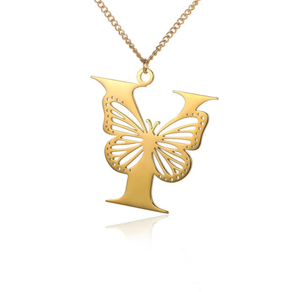 Dainty Big Butterfly Letters Necklaces For Women Girl Jewelry Stainless Steel Chain Initial Pendant Necklace Best Accessories