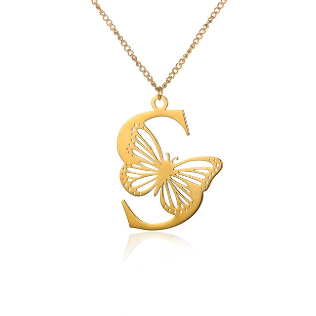 Dainty Big Butterfly Letters Necklaces For Women Girl Jewelry Stainless Steel Chain Initial Pendant Necklace Best Accessories