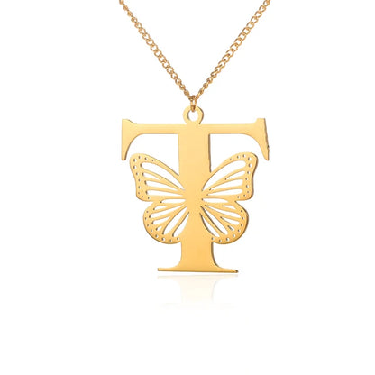 Dainty Big Butterfly Letters Necklaces For Women Girl Jewelry Stainless Steel Chain Initial Pendant Necklace Best Accessories