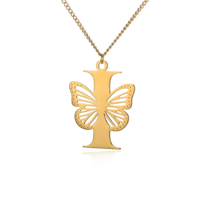 Dainty Big Butterfly Letters Necklaces For Women Girl Jewelry Stainless Steel Chain Initial Pendant Necklace Best Accessories