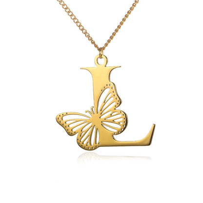Dainty Big Butterfly Letters Necklaces For Women Girl Jewelry Stainless Steel Chain Initial Pendant Necklace Best Accessories