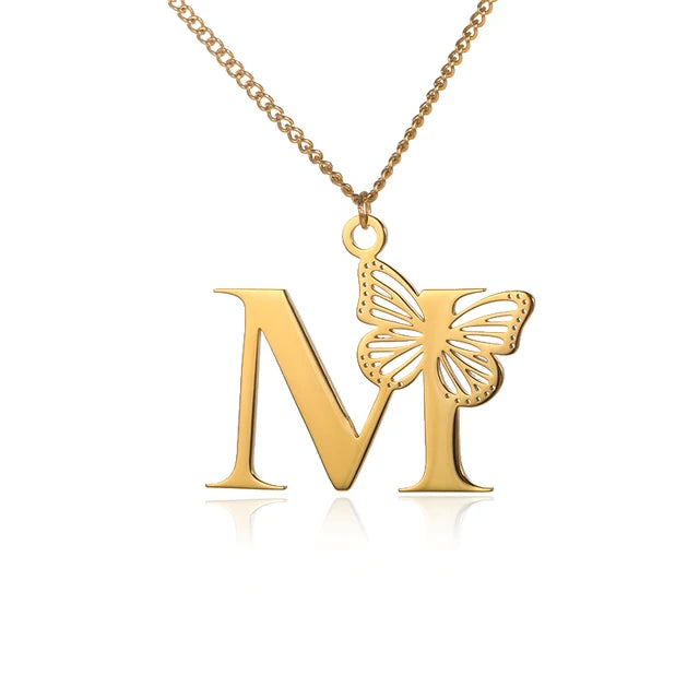 Dainty Big Butterfly Letters Necklaces For Women Girl Jewelry Stainless Steel Chain Initial Pendant Necklace Best Accessories