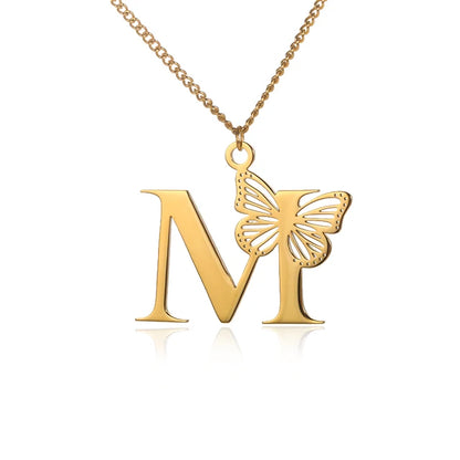 Dainty Big Butterfly Letters Necklaces For Women Girl Jewelry Stainless Steel Chain Initial Pendant Necklace Best Accessories