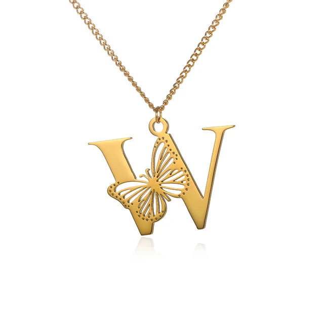 Dainty Big Butterfly Letters Necklaces For Women Girl Jewelry Stainless Steel Chain Initial Pendant Necklace Best Accessories