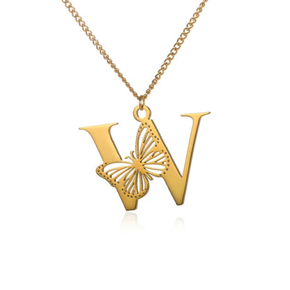 Dainty Big Butterfly Letters Necklaces For Women Girl Jewelry Stainless Steel Chain Initial Pendant Necklace Best Accessories