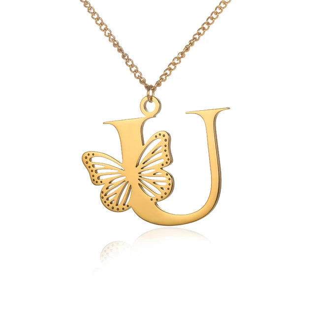Dainty Big Butterfly Letters Necklaces For Women Girl Jewelry Stainless Steel Chain Initial Pendant Necklace Best Accessories