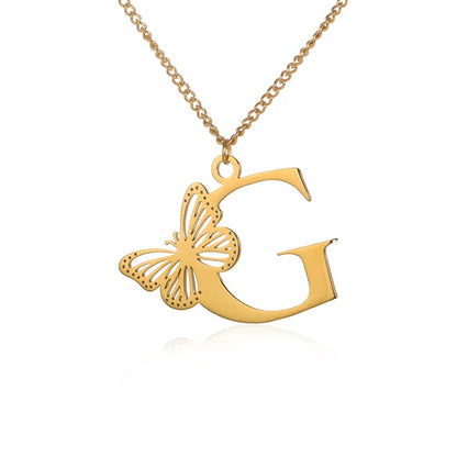 Dainty Big Butterfly Letters Necklaces For Women Girl Jewelry Stainless Steel Chain Initial Pendant Necklace Best Accessories