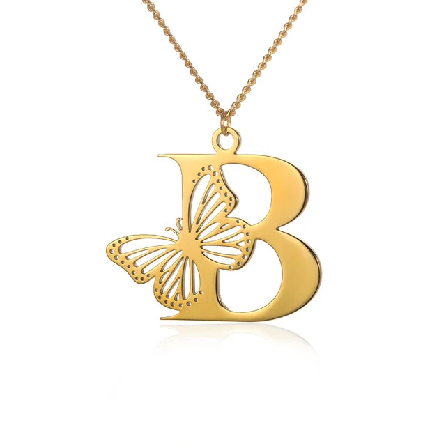 Dainty Big Butterfly Letters Necklaces For Women Girl Jewelry Stainless Steel Chain Initial Pendant Necklace Best Accessories