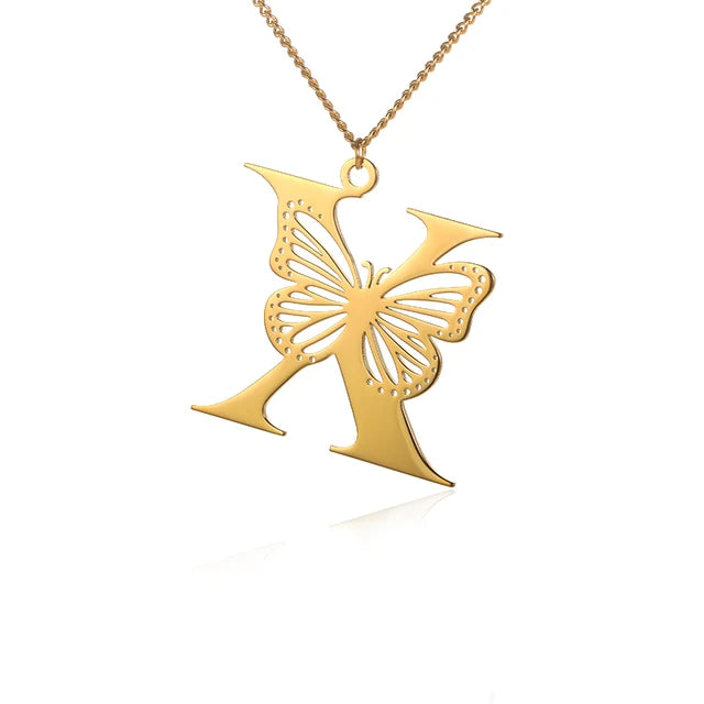 Dainty Big Butterfly Letters Necklaces For Women Girl Jewelry Stainless Steel Chain Initial Pendant Necklace Best Accessories