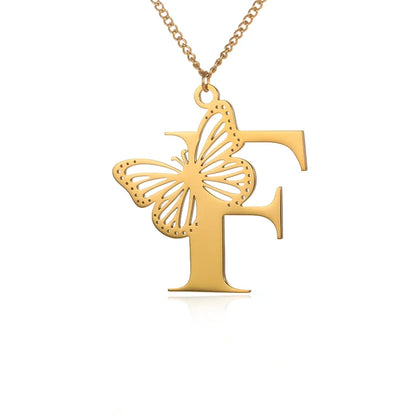 Dainty Big Butterfly Letters Necklaces For Women Girl Jewelry Stainless Steel Chain Initial Pendant Necklace Best Accessories
