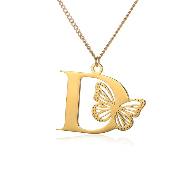 Dainty Big Butterfly Letters Necklaces For Women Girl Jewelry Stainless Steel Chain Initial Pendant Necklace Best Accessories
