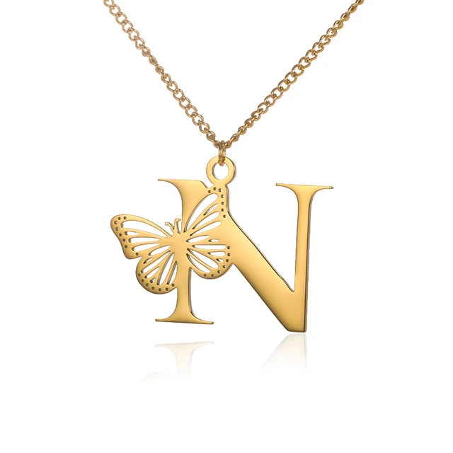 Dainty Big Butterfly Letters Necklaces For Women Girl Jewelry Stainless Steel Chain Initial Pendant Necklace Best Accessories