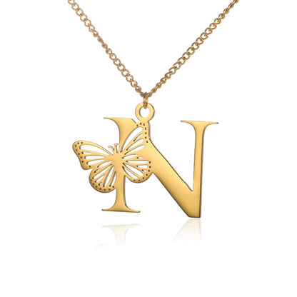 Dainty Big Butterfly Letters Necklaces For Women Girl Jewelry Stainless Steel Chain Initial Pendant Necklace Best Accessories