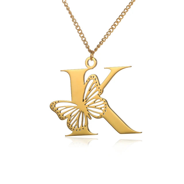 Dainty Big Butterfly Letters Necklaces For Women Girl Jewelry Stainless Steel Chain Initial Pendant Necklace Best Accessories