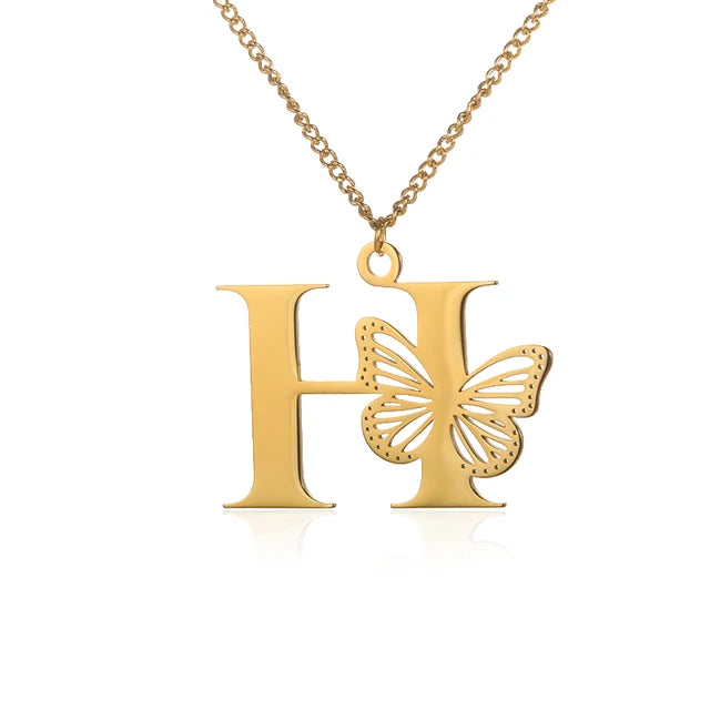Dainty Big Butterfly Letters Necklaces For Women Girl Jewelry Stainless Steel Chain Initial Pendant Necklace Best Accessories
