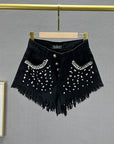 Diamond-Embedded High-Waist Denim Shorts - Women's Summer