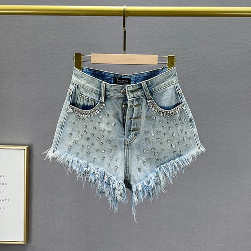 Diamond-Embedded High-Waist Denim Shorts - Women&#39;s Summer