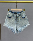 Diamond-Embedded High-Waist Denim Shorts - Women's Summer