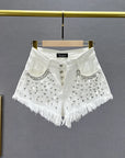 Diamond-Embedded High-Waist Denim Shorts - Women's Summer