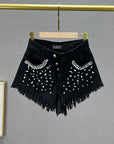 Diamond-Embedded High-Waist Denim Shorts - Women's Summer