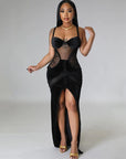 Sexy mesh perspective split velvet suspender strapless long dress, light luxury luxury, luxury, and high-end small dress